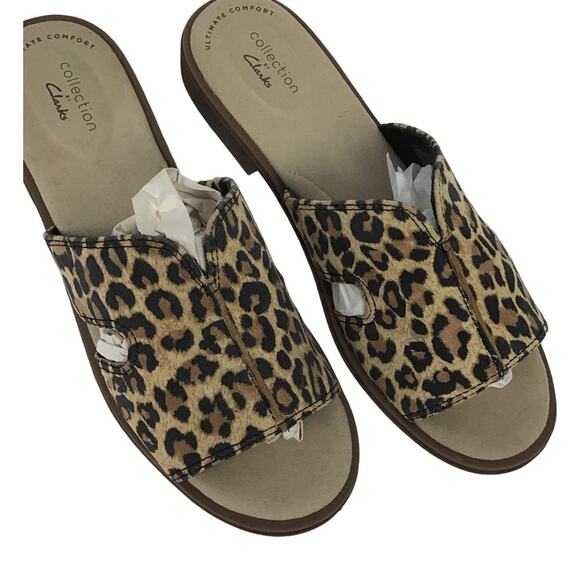 NEW Clarks Declan Flo Women's Slide Sandals Tan Nubuck Leopard Animal 7.5 7 1/2 - Picture 9 of 14